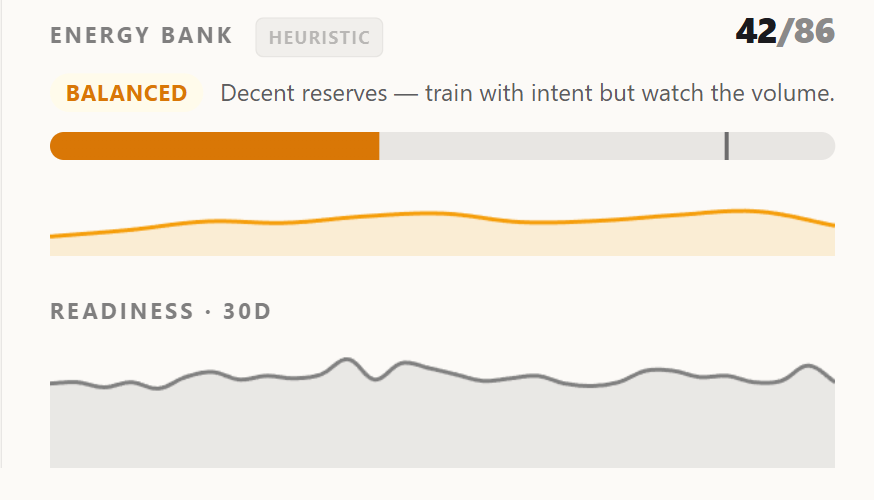 EnergyBank section with capacity bar, current bank value, and a 30-day sparkline